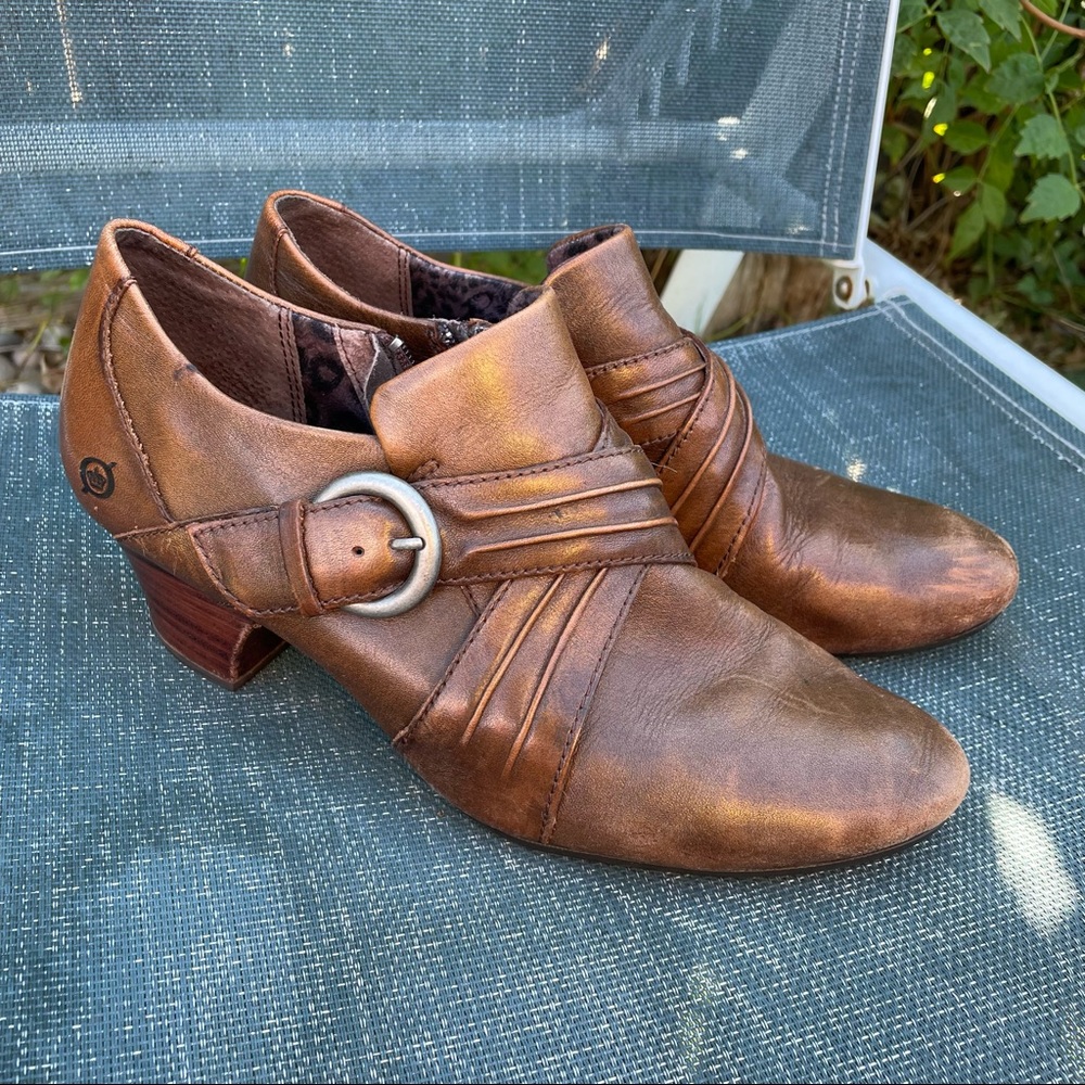 Born booties leather brown heeled cross cross detail with buckle size 9